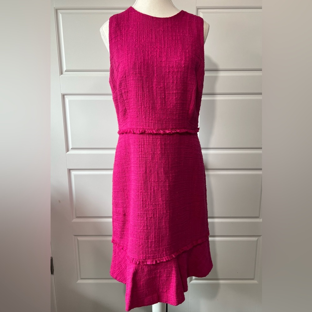 J Crew Hot Pink Tweed Dress Sleeveless Ruffle Hem Career Cocktail Party Size‎ 10